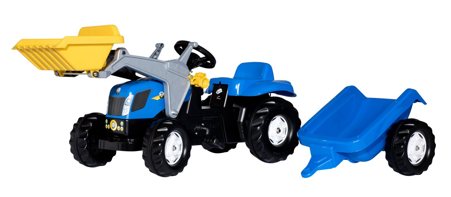 Tractor cu pedale Rolly Toys 023929, New Holland T7040 cu incarcator frontal si remorca