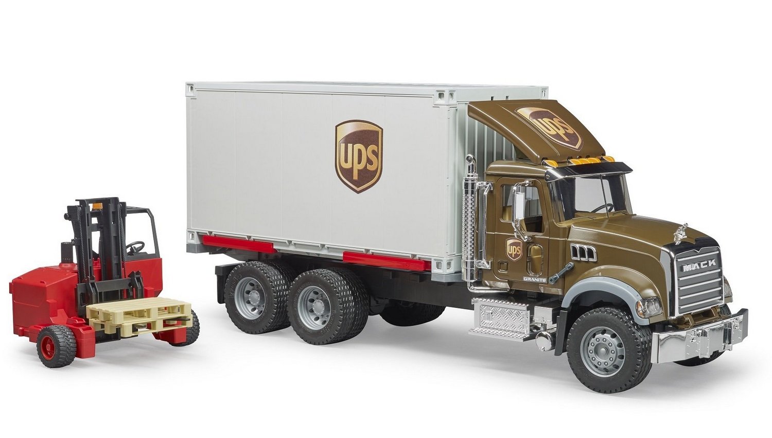 Camion MACK Granite UPS cu container si stivuitor portabil, Bruder 02828