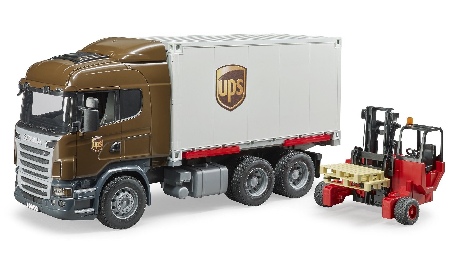 Camion Scania UPS cu container si stivuitor portabil, Bruder 03581
