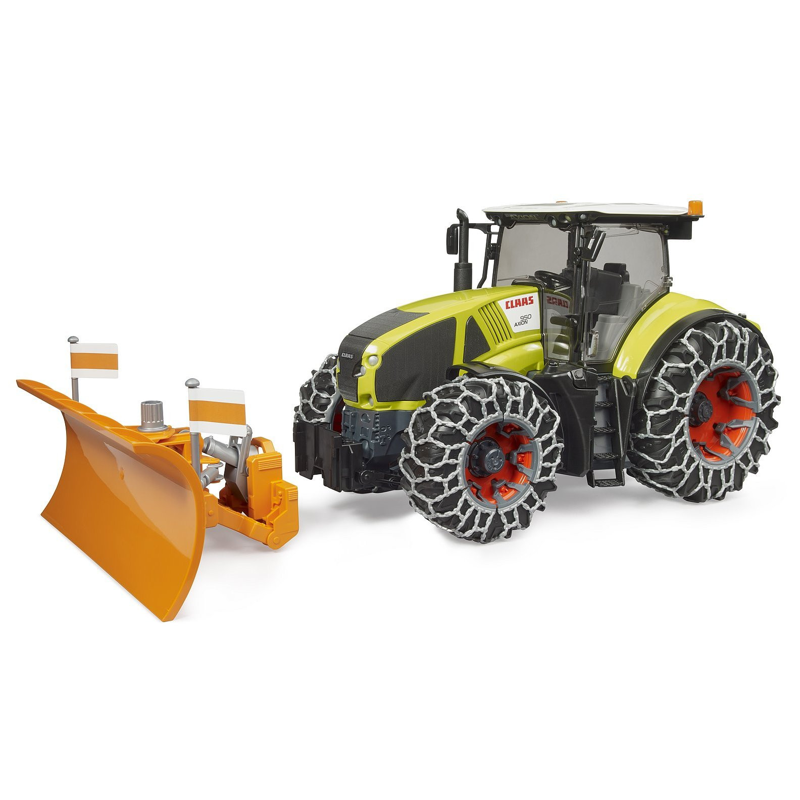 Tractor Bruder Claas Axion 950 cu lanțuri de zăpadă și lamă