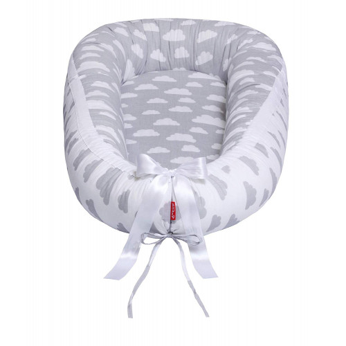 Cuib pentru bebelusi Scamp, Premium Baby Nest, cu saltea de cocos, 100% bumbac, antialergic, Clouds White Grey - element galerie