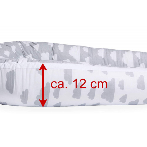 Cuib pentru bebelusi Scamp, Premium Baby Nest, cu saltea de cocos, 100% bumbac, antialergic, Clouds White Grey - element galerie