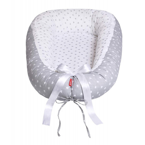 Cuib pentru bebelusi Scamp, Premium Baby Nest, cu saltea de cocos, 100% bumbac, antialergic, Little Heart White Grey - element galerie