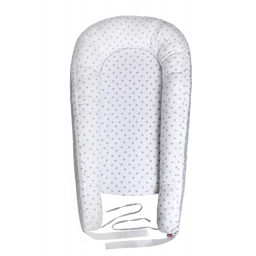 Cuib pentru bebelusi Scamp, Premium Baby Nest, cu saltea de cocos, 100% bumbac, antialergic, Little Heart White Grey - element galerie