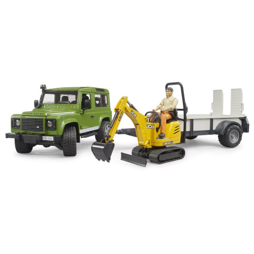 Land Rover Defender cu Remorcă, Excavator JCB și Muncitor - Bruder 02593