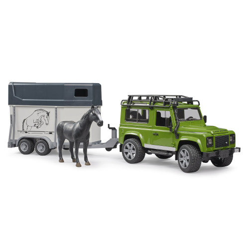 Land Rover Defender cu remorcă pentru cai și cal - Bruder 02592