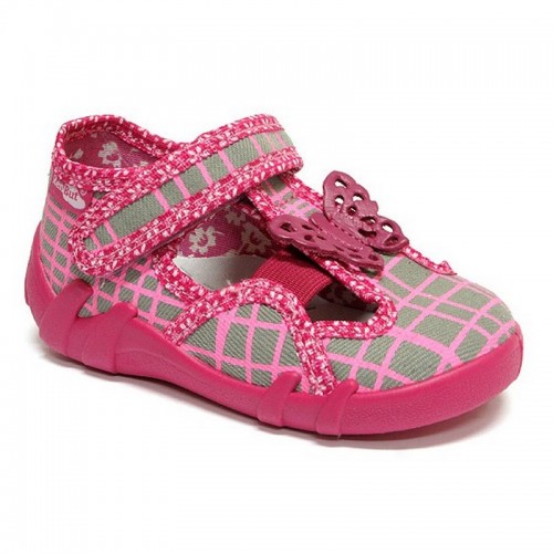 Pantofi fetite, textil, roz si gri, in carouri cu fluturasi