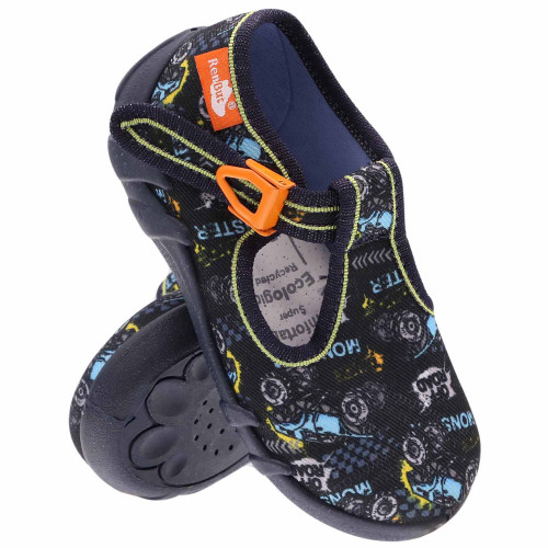 Pantofi baietel bleumarin, din material textil, cu catarama portocalie