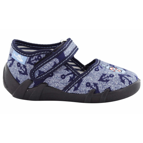 Pantofi baietel cu scai, din material textil, bleumarin, cu motiv - element galerie