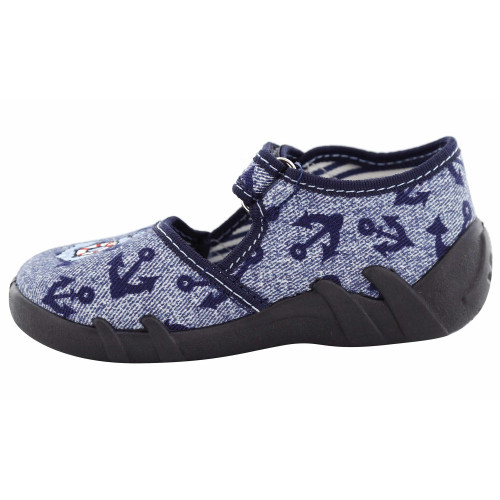 Pantofi baietel cu scai, din material textil, bleumarin, cu motiv - element galerie