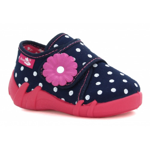 Pantofi fetite, din material textil, bleumarin, cu bulinute albe si floricel REB5118