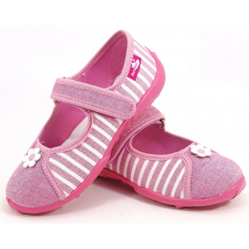 Pantofi fetite, din material textil, roz cu scai, cu floricel alb