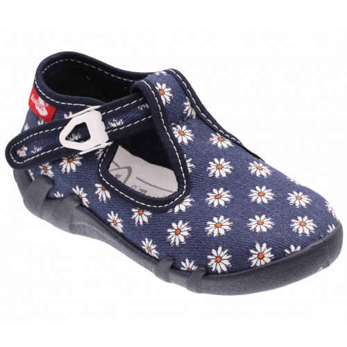Pantofi fetite, cu catarama, din material textil, albastru inchis cu floricele albe - element galerie
