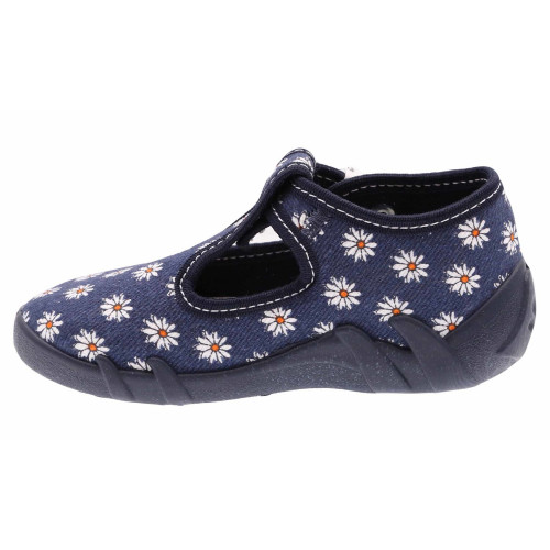 Pantofi fetite, cu catarama, din material textil, albastru inchis cu floricele albe - element galerie