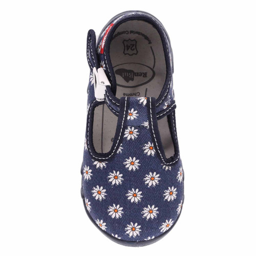 Pantofi fetite, cu catarama, din material textil, albastru inchis cu floricele albe - element galerie
