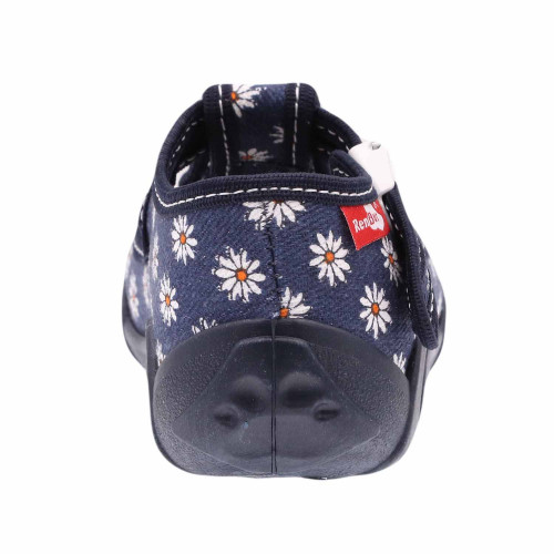 Pantofi fetite, cu catarama, din material textil, albastru inchis cu floricele albe - element galerie