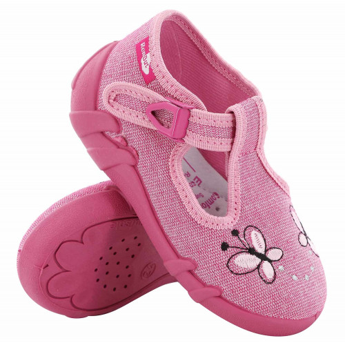 Papucei fetite, din material textil, roz, cu fluturasi