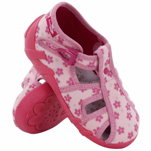Sandale fetite cu catarama, din material textil, roz cu floricele