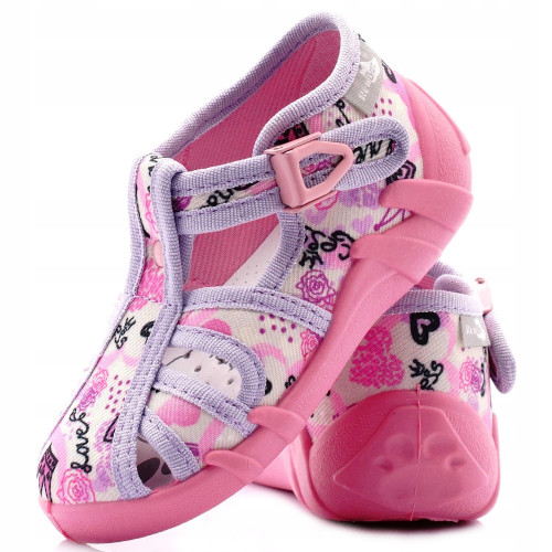 Sandale fetite cu motive, cu catarama, din material textil, roz cu lila