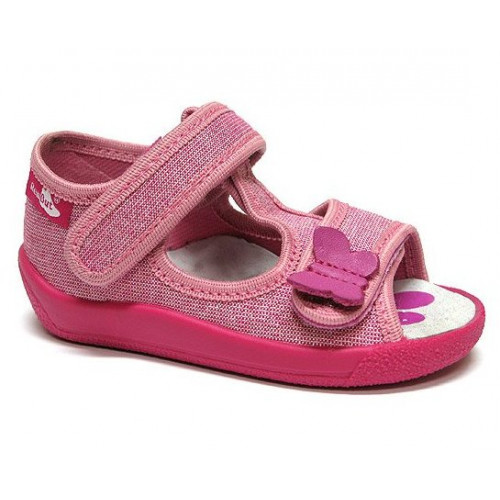 Sandale fetite cu scai, din material textil, roz cu fluturasi
