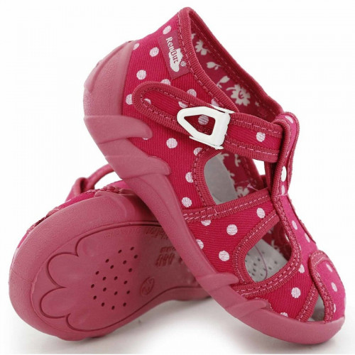 Sandale fetite, din material textil, roz, cu bulinute albe