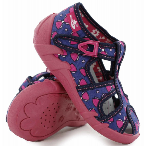Sandale fetite, din material textil, albastru inchis, cu motive papion roz