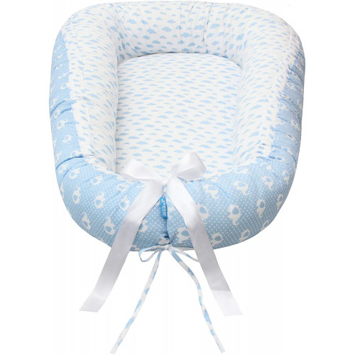 Cuib pentru bebelusi Scamp, Premium Baby Nest, cu saltea de cocos, 100% bumbac, antialergic, Blue Clouds Elephant - element galerie