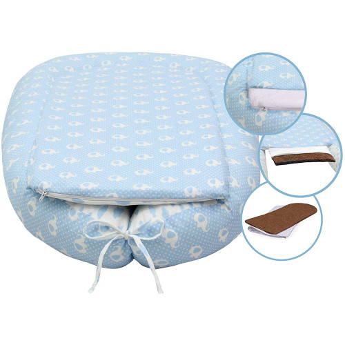 Cuib pentru bebelusi Scamp, Premium Baby Nest, cu saltea de cocos, 100% bumbac, antialergic, Blue Clouds Elephant - element galerie
