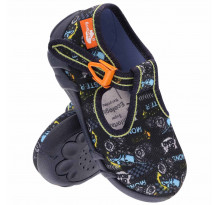 Pantofi baietel bleumarin, din material textil, cu catarama portocalie