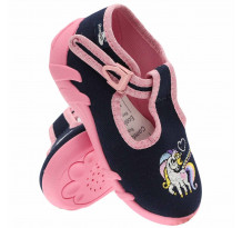 Papucei fetite, cu catarama, din material textil, bluemarin cu roz, cu motiv brodat Ponei