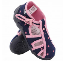 Papucei fetite, din material textil, bleumarin, cu stelute roz