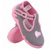 Papucei fetite, din material textil, gri, cu bulinute roz