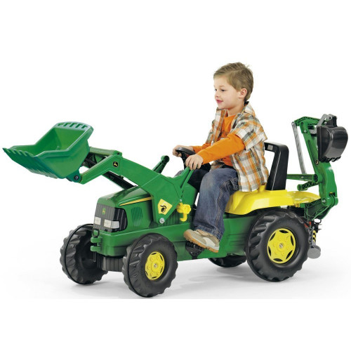 Tractor cu pedale Rolly Toys 811076, John Deere Trac cu incarcator frontal si excavator in spate