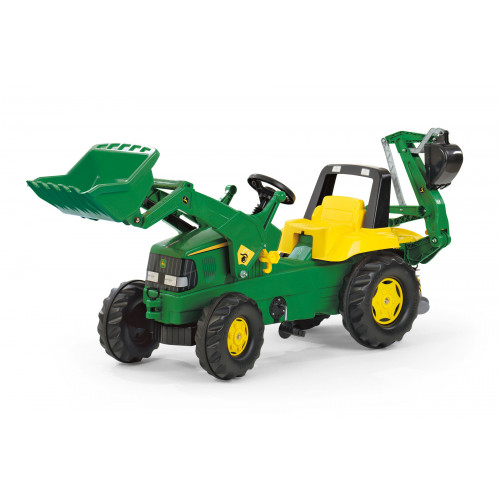 Tractor cu pedale Rolly Toys 811076, John Deere Trac cu incarcator frontal si excavator in spate