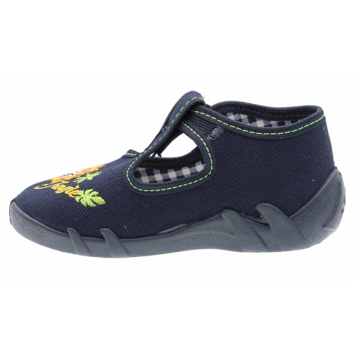 Pantofi baietel, cu catarama, din material textil, bleumarin, cu motiv brodat