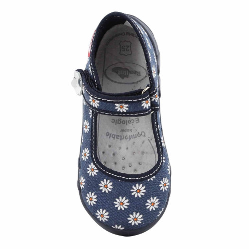 Pantofi fetite, din material textil, albastru inchis cu floricele albe