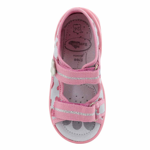 Sandale fetite cu scai, din material textil, roz-gri cu motive inimioare