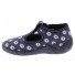 Pantofi fetite, cu catarama, din material textil, albastru inchis cu floricele albe