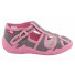Sandale fetite, cu catarama, din material textil, gri cu bulinute roz