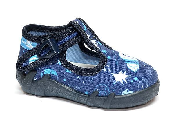 Pantofi baietel, cu catarama, din material textil, albastru, cu motiv