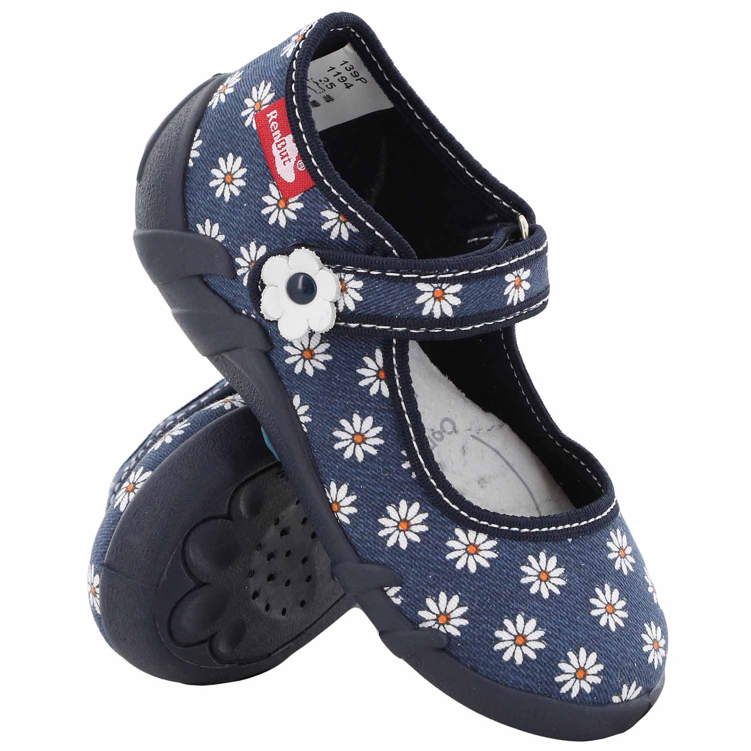 Pantofi fetite, din material textil, albastru inchis cu floricele albe