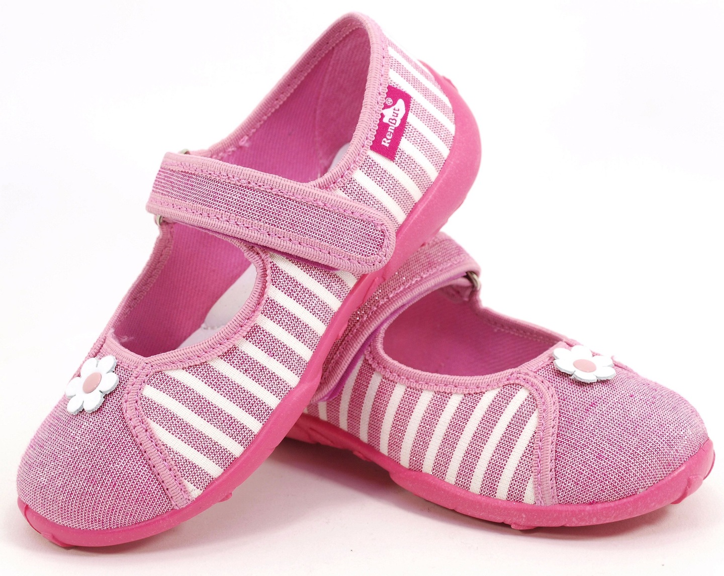 Pantofi fetite, din material textil, roz cu scai, cu floricel alb