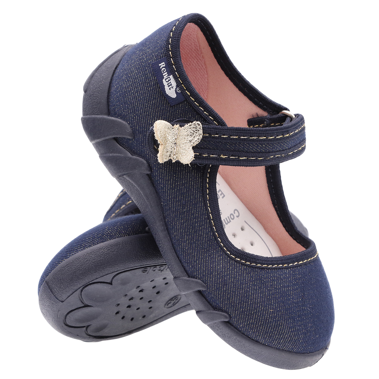 Pantofi fetite, din material textil, bleumarin, cu fluturas
